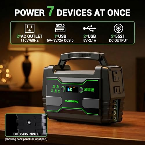 MARBERO Solar Generator 155Wh with 30W Solar Panel Portable Power Station with 2x 100W AC Outlets(Peak 150W), QC3.0 USB UL Certified for Home Blackout, Camping, RV Travel, Ultra-Light & Silent Fan - color: Green Black