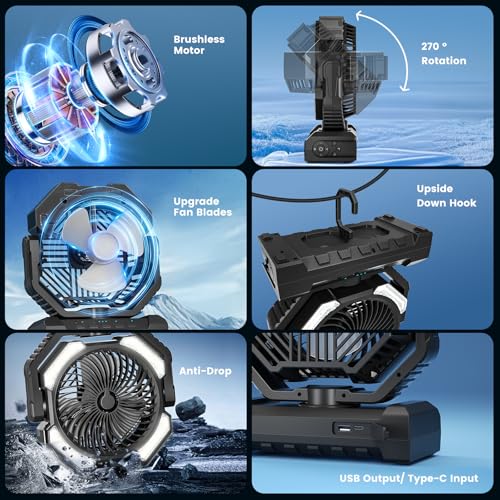 20000mAh Portable Misting Fan, USB Rechargeable Camping Fan with LED Light, Battery Operated for Outdoor, Tents, Beach, Travel - 250mL Water Tank & Hook Included, Black. - color: Black