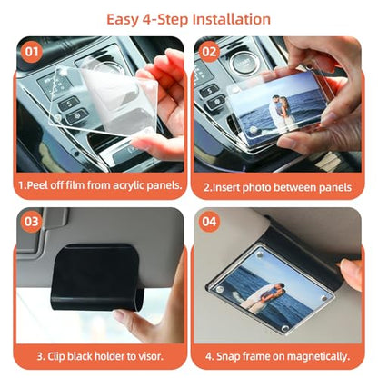 Car Picture Holder 2 Pack Magnetic Snap-On Sun Visor Photo Clip for Crystal-Clear Acrylic Frame for Family, Pets, Travel Pictures Car Decor Personalized Anniversary Accessories Gifts for Men Women