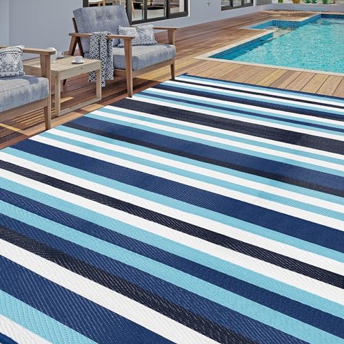 HUGEAR Outdoor Plastic Straw Rug, Waterproof Mat, Washable Large Floor Mat and Rug for Outdoors, RV, Beach, Patio, Camping, Backyard, Deck, Picnic, Indoor Outside (5x8ft,Stripe/Blue&White) - color: Stripe/Blue&white, size: 5' x 8' (Rectangular)