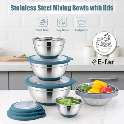 E-far Mixing Bowls with Lids Set, 15PCS Stainless Steel Mixing Nesting Bowls with Colander and 3 Metal Graters for Kitchen, Non-Slip Bottom & Airtight Transparent Lid, 4.6, 3, 1.5, 1, 0.7QT, Blue - color: Blue