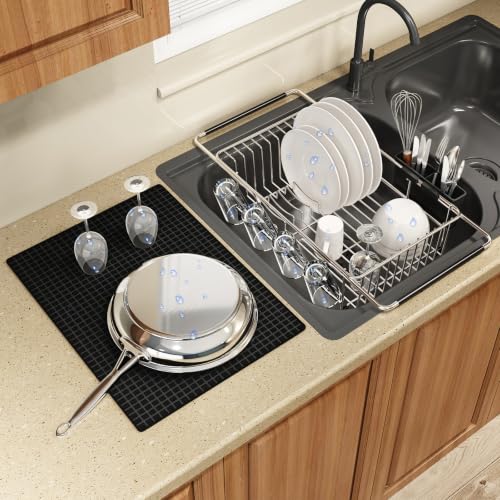 MAJALiS Dish Drying Rack Over The Sink with Utensil Holder, Mat | Expandable Stainless Steel Dish Drainer for Small Kitchen, Apartment, RV, Counter Space Saving, Perfect Fit, Rustproof - color: Silver, size: For 11.5"-16" W Sink with Cup Holder & Mat