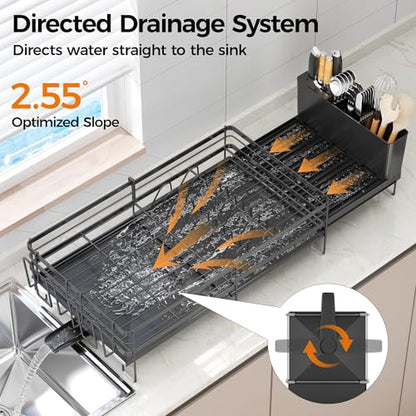 Delamu Stainless Steel Dish Drying Rack, Expandable Dish Drainer, Anti-Rust Large Dish Racks for Kitchen Counter, Dish Strainers with Drainboard, Utensil & Cup Holder, 13.4"-28.7" L x 11.8" W, Black - color: Black