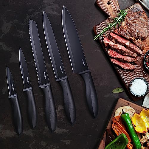RAXCO Knife Set,10-Piece Stainless Steel Kitchen Knife Set with Block,Black | Compact Small Countertop Holder,Pro-Sharpened Stainless Steel Chef Knives, Space Saving Knife Set for RV & Apartment - color: BK