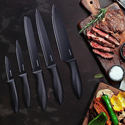 RAXCO Knife Set,10-Piece Stainless Steel Kitchen Knife Set with Block,Black | Compact Small Countertop Holder,Pro-Sharpened Stainless Steel Chef Knives, Space Saving Knife Set for RV & Apartment - color: BK