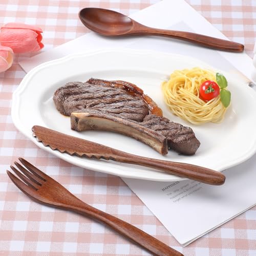3 PCS Wooden Spoons for Eating Travel Wooden Utensil Set Reusable Utensils Set Portable Cutlery Wooden-Fork and Spoon with Bag for Travel Camping