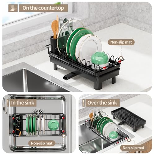 SanDream Dish Drying Rack, Small Over Sink Dish Drying Rack, Expandable Over the Sink Dish Drying Rack with Drip Tray for Kitchen Counter & in Sink - color: Deepblack