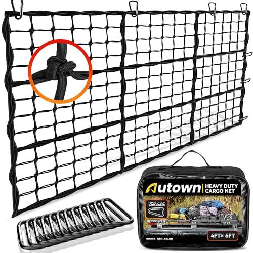 AUTOWN Cargo Net for Pickup Truck Bed - Stretchable 4' x 6' to 8' x 12' with 4" x 4" Mesh, Heavy Duty 10mm Cord Bungee Bed Netting with 12 Metal Carabiners - Ideal for ATV, SUV, UTV and Truck - size: 4' x 6'