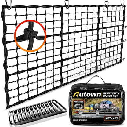 AUTOWN Cargo Net for Pickup Truck Bed - Stretchable 4' x 6' to 8' x 12' with 4" x 4" Mesh, Heavy Duty 10mm Cord Bungee Bed Netting with 12 Metal Carabiners - Ideal for ATV, SUV, UTV and Truck - size: 4' x 6'