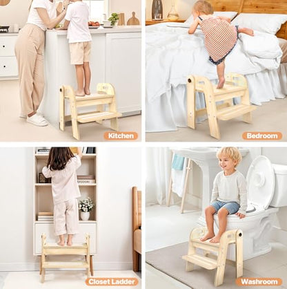 Wooden Toddler Step Stool, Foldable 2-Step Stool for Kids Bathroom Sink, Toilet Potty Training with Handles, Anti-Slip for Kitchen, Nursery, Bedroom(16.9 Wide)
