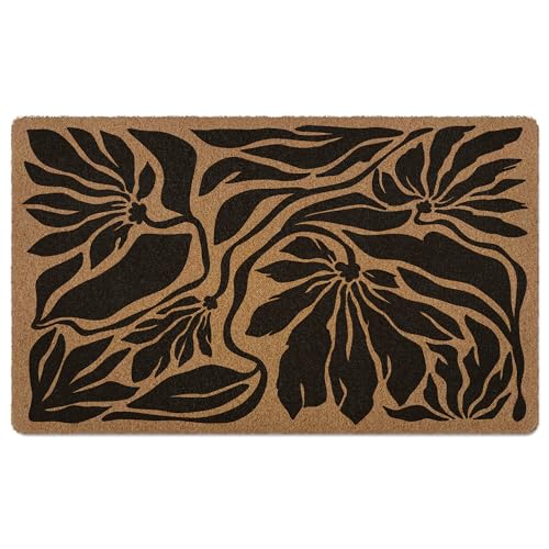 Boho Floral Door Mat, Black Boho Floral Doormat, Flower Welcome Front Door Mat Outside Indoor Outdoor Entrance, Botanical Artificial Coir Doormats Rugs for Patio Entry Home Decor, 30x17in - color: Floral-4