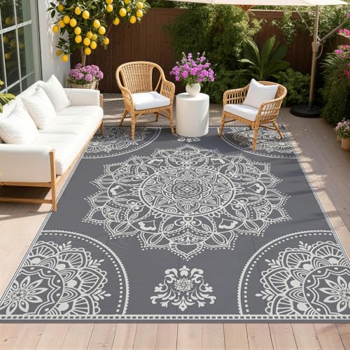 Pauwer Waterproof Outdoor Rug 8x10, Reversible Plastic Straw Patio Camping Rug, Indoor Outdoor RV Mat Carpet for Deck, Camper, Porch, Balcony, Backyard, Picnic, Floral Grey - color: Floral Grey, size: 8' x 10' (Rectangular)