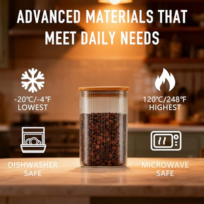 D2scrma 37oz Airtight Glass Square Storage Canisters with Bamboo Lids Set of 4 (1100ml) Striped Stackable Containers, Decorative Kitchen Jars for Tea, Nuts and Coffee (‎with Black Lable) - size: 37oz*4(Striped)