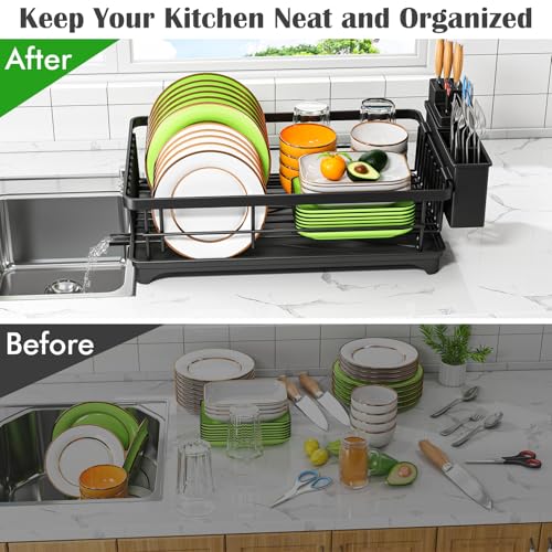Kmiectse Dish Drying Rack - Space-Saving Small Dish Rack for Kitchen Counter, Rust-Resistant Kitchen Drying Rack, Compact Dish Drainer Organizer with Utensil Holder for Home Kitchen, Black - color: Black
