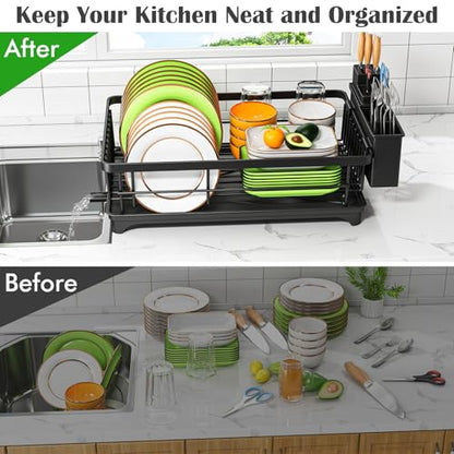 Kmiectse Dish Drying Rack - Space-Saving Small Dish Rack for Kitchen Counter, Rust-Resistant Kitchen Drying Rack, Compact Dish Drainer Organizer with Utensil Holder for Home Kitchen, Black - color: Black