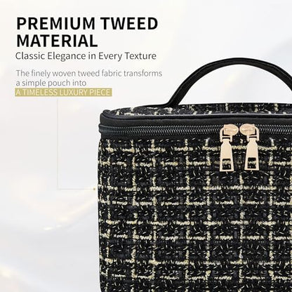 Makeup Bag, Luxury Tweed Cosmetic Bag for Women, Large Capacity Toiletry Bag Portable Organizer Pouch with Handle
