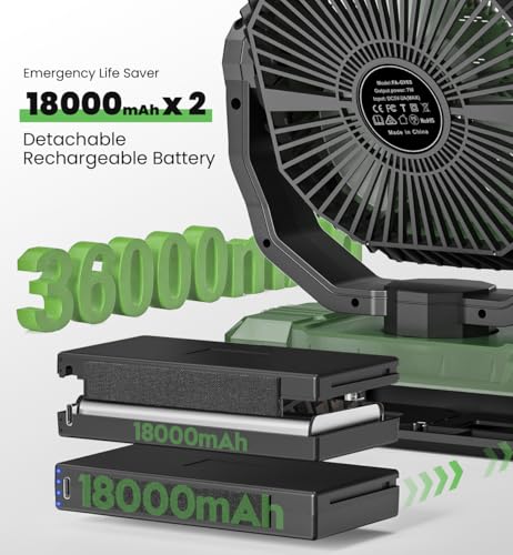 36000mAh Portable Camping Fan - 120HRS Rechargeable Fan with Detachable Battery with LED - 4 Speeds Battery Powered for Tent,Travel, Office, Jobsite, Green - color: Green