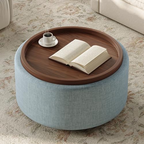 Round Storage Ottoman Coffee Table with Walnut Tray, 30'' Round Ottoman with Storage, Modern Upholstered Coffee Table with with 4 Casters for Living Room, Linen Fabric, Light Blue - color: Light Blue