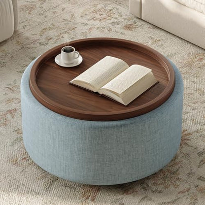 Round Storage Ottoman Coffee Table with Walnut Tray, 30'' Round Ottoman with Storage, Modern Upholstered Coffee Table with with 4 Casters for Living Room, Linen Fabric, Light Blue - color: Light Blue