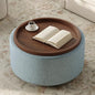 Round Storage Ottoman Coffee Table with Walnut Tray, 30'' Round Ottoman with Storage, Modern Upholstered Coffee Table with with 4 Casters for Living Room, Linen Fabric, Light Blue - color: Light Blue