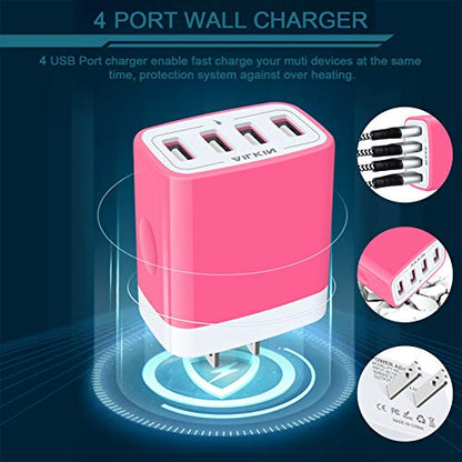 Wall Charger, USB Charger Adapter, 4.8A 4Multi Port Fast Charging Station | Power Base Block Plug Cube Brick for iPhone, iPad, Samsung Galaxy, Moto, Google Pixel, Kindle Fire Plug Cargador Carro - color: Pink