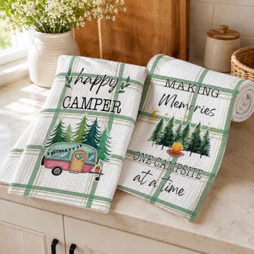 DETIHO 2 Pieces Camping Kitchen Towels, Funny Campings Lover Gifts, Cute Camping Accessories for Rv Campers, Camping Decor, Happy Camper Dish Kitchen Towel (A17) - color: Happy Camper
