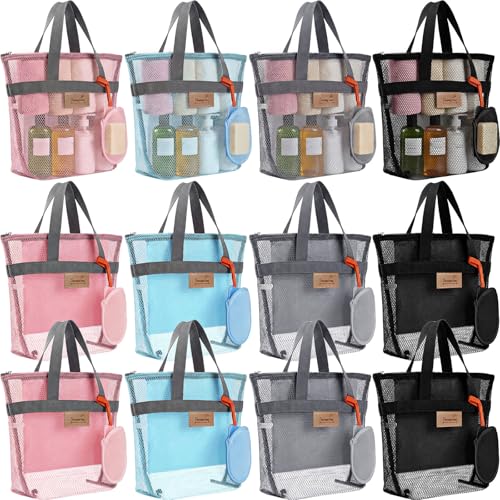 Patelai 12 Set Large Mesh Shower Caddy Bags, Sandproof Beach Tote Bulk with Soap Bag 12.2 x 10.2 Inch Hanging Toiletry Bath Organizer with Zipper & Handle for Gym Beach Dorms Travel Essentials