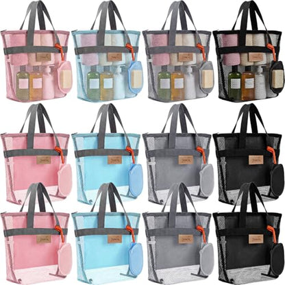 Patelai 12 Set Large Mesh Shower Caddy Bags, Sandproof Beach Tote Bulk with Soap Bag 12.2 x 10.2 Inch Hanging Toiletry Bath Organizer with Zipper & Handle for Gym Beach Dorms Travel Essentials