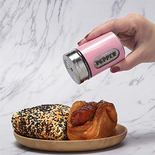 Salt and Pepper Shakers Stainless Steel and Glass Set with Adjustable Pour Holes (Pink) - color: Pink
