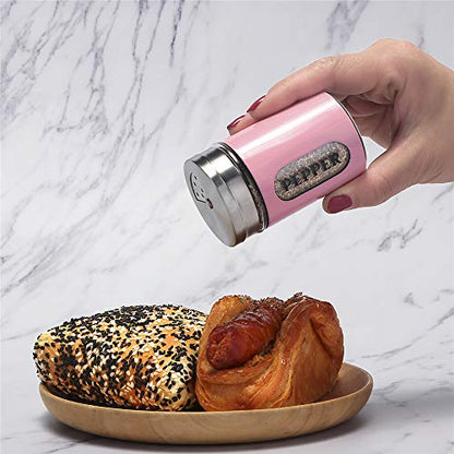 Salt and Pepper Shakers Stainless Steel and Glass Set with Adjustable Pour Holes (Pink) - color: Pink