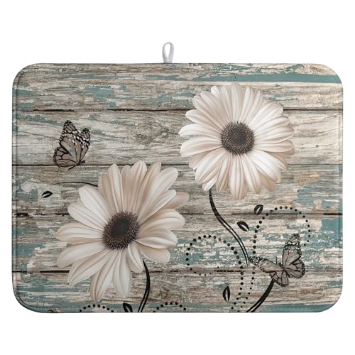 Summer Sunflower Vintage Dish Drying Mats for Kitchen Counter Country Rustic Daisy Farmhouse Kitchen Dishes Dryer Pad Fall Absorbent Dish Mat Microfiber Washable Foldable Reusable Large 18x24 in