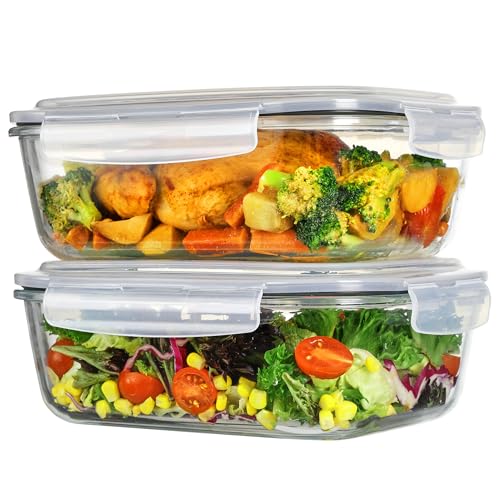 Vtopmart 2Pack 2260ml/ 76.4oz Large Glass Storage Containers with Lids, Meal Prep Food Container Set with Snap Airtight Lid for Baking, Microwave, Oven, Leak Proof, for Freezer, Dishwasher, Grey - color: Grey, size: 76.4oz