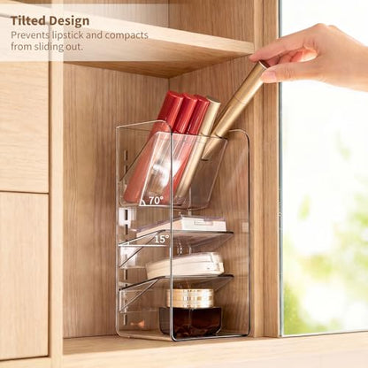PAVSTINE 2-Pack Medicine Cabinet Organizer with Adjustable Dividers, Clear Vertical Layered Backward Slanting Shelves, Space-Saving, for Makeup Brush/Lip Gloss/Mascara Storage - size: 2-Tier & 5-Tier Slant Set