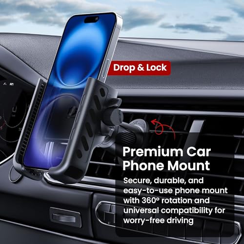 Car Phone Holder for Air Vent – Easy One-Hand Drop & Lock Car Phone Mount, Secure & Stable 360° Adjustable Vent Holder, Universal Cell Phone Mount for iPhone Samsung Android, Military Grade