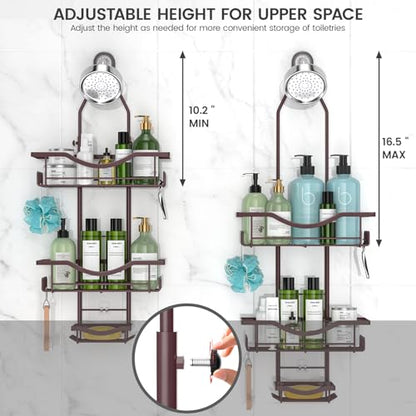 REINHARDT Shower Caddy Hanging Adjustable, Extended Length Rustproof Showers Caddy Over Showerhead with Hooks Soap Holder, Large Capacity Shower Organizer Anti-Swing Bathroom Organizer, Bronze - color: Bronze
