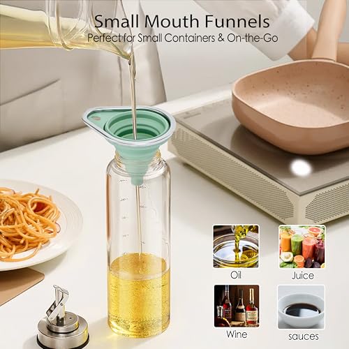 Stainless Steel Rim Small Silicone Collapsible Funnel Set, 2 Pack Mini Kitchen Funnels for Oil Bottles, Sauce, Vinegar, Essential Oils, Food Grade Liquid & Powder Transfer