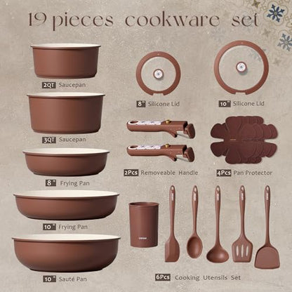 CAROTE 19Pcs Ceramic Cookware Set, Pots and Pans Set Non stick, Non Toxic Cookware Detachable Handle, Kitchen Cooking Set - Induction Cookware, Dishwasher/Oven Safe, PFAS Free, Chocolate - color: Chocolate, size: 19 Piece