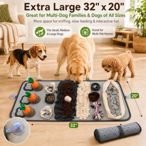 Snuffle Mat for Dogs – Extra Large 32'' x 20'', Washable Slow Feeder Dog Toy, Durable Interactive Dog Puzzle for Mental Stimulation & Nosework Training, with Anti-Slip Suction Cups - color: Gray-Black