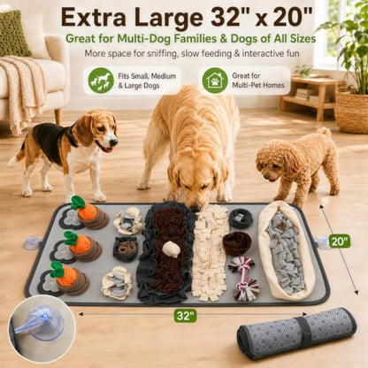 Snuffle Mat for Dogs – Extra Large 32'' x 20'', Washable Slow Feeder Dog Toy, Durable Interactive Dog Puzzle for Mental Stimulation & Nosework Training, with Anti-Slip Suction Cups - color: Gray-Black