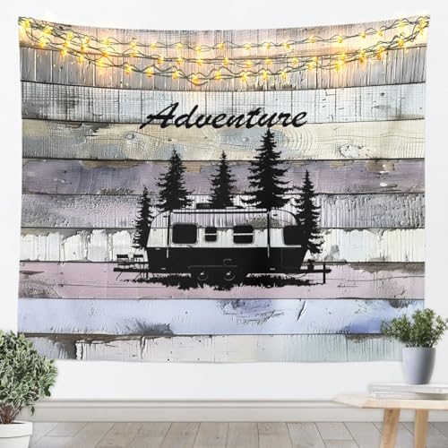 Erosebridal Happy Camping Tapestry for Bedroom | Camp Pine Trees Wall Tapestry Aesthetic Rustic Farmhouse Style Tapestries Medium 59x59, Patchwork Wooden Plank Retro Hanging Wall Art - color: Black Grey, size: 59.1"L x 59.1"W