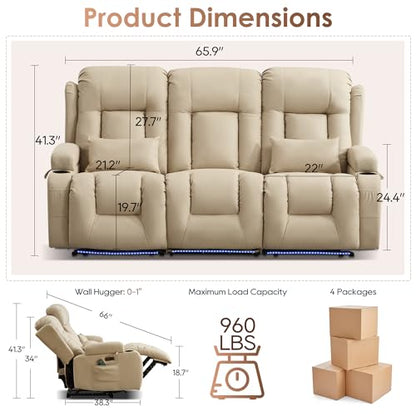 TUNYI Power Loveseat Recliner Sofa with Massage & Heat Home Theater Seating with Console RV Recliner Loveseat Sofa with USB/Storage/Side Pocket/LED Light/Speaker (Beige, 3 Seat) - color: Beige, size: 3 Seat