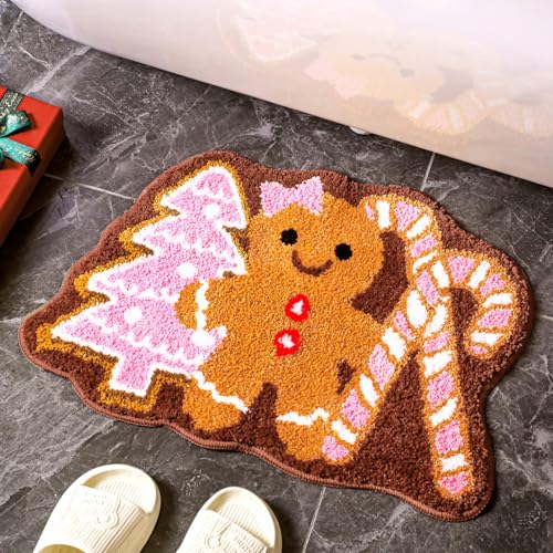 Drydiet Christmas Gingerbread Man Bathroom Rug Cute Xmas Candy Cane Christmas Tree Door Mat Bath Mat Shower Bathroom Decoration Rug Non Slip Washable - style: Gingerbread Man