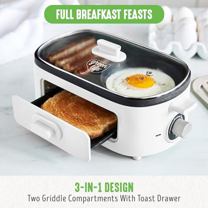 GreenLife 3-in-1 Breakfast Maker Station, Healthy Ceramic Nonstick Dual Griddles for Eggs Meat Sausage Bacon Pancakes and Breakfast Sandwiches, 2 Slice Toast Drawer, Easy-to-use Timer, White - color: White