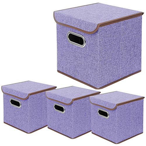 Storage Bin [Set of 4] Linen Fabric Foldable Container with Lid, Collapsible Organizer Boxes Cubes – 10 x 10 x 10 Inches (Purple) - color: Purple