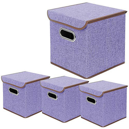 Storage Bin [Set of 4] Linen Fabric Foldable Container with Lid, Collapsible Organizer Boxes Cubes – 10 x 10 x 10 Inches (Purple) - color: Purple