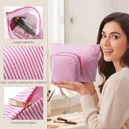 Sanwuta 4 Pcs Seersucker Pouch Cosmetic Bag Set Seersucker Makeup Bag Women Stripe Large Travel Toiletry Organizer Aesthetic Preppy Storage for Embroidery Women Bridesmaid Gifts(Pink) - color: Pink