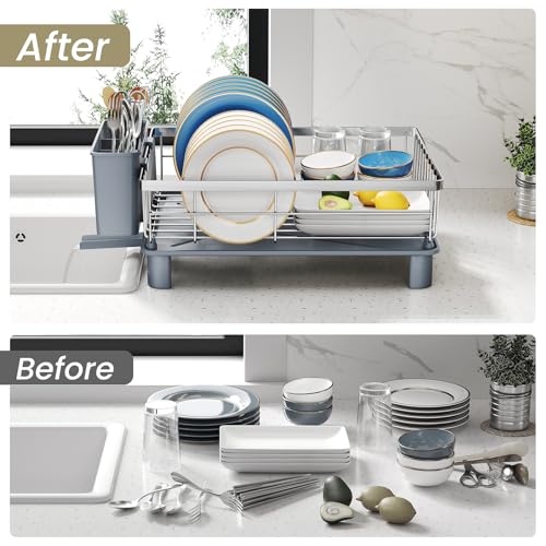 SNTD Dish Drying Rack - Small Dish Rack for Kitchen Counter, Stainless Steel Dish Drainer with Utensil Holder and Drainboard, 11" W x 15" L (Silver) - color: Silver, size: 11" W x 15" L