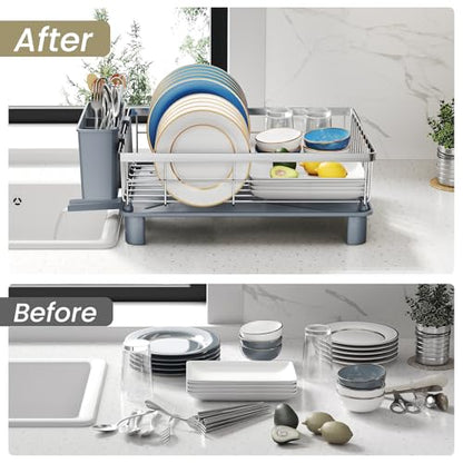 SNTD Dish Drying Rack - Small Dish Rack for Kitchen Counter, Stainless Steel Dish Drainer with Utensil Holder and Drainboard, 11" W x 15" L (Silver) - color: Silver, size: 11" W x 15" L
