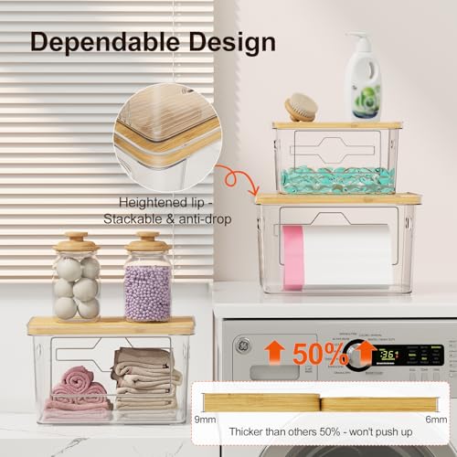 2 Pack Trash Bag Holder with Bamboo Lid, Stackable Acrylic Trash Bag Dispenser Roll Holder Under Sink, Plastic Container Garbage Bags Storage Organizer for Kitchen, Pantry, Laundry Room Organization