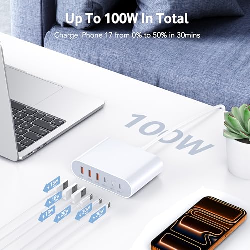 100W USB C Fast Charger Block Compact GaN 6 Port PD USB C and QC USB A Wall Charger Type C Charging Station Hub Adapter Plug Cube Brick for iPhone 17 16 15 14 Pro Max iPad Pro Air Samsung Pixel LG